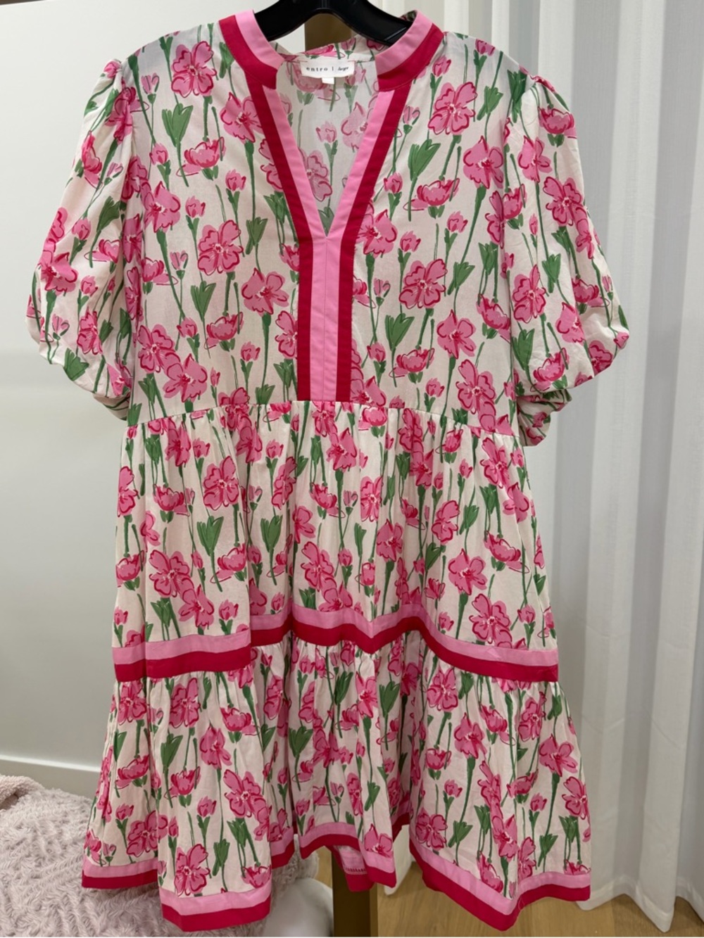 entro Pink Floral Tiered Cotton Dress with Fuchsia Trim